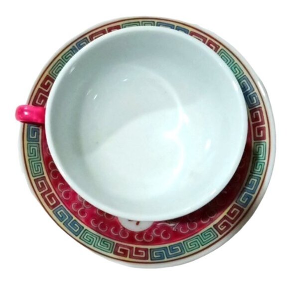 Vintage Chinese Jingdezhen Mun Shou Famille Rose Porcelain Red Tea Cup & Saucer - Picture 3 of 9